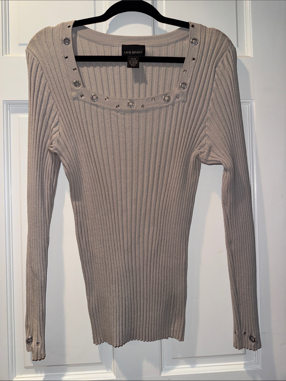 Lane Bryant Taupe Ribbed Scoopneck Sweater with Grommet Trim